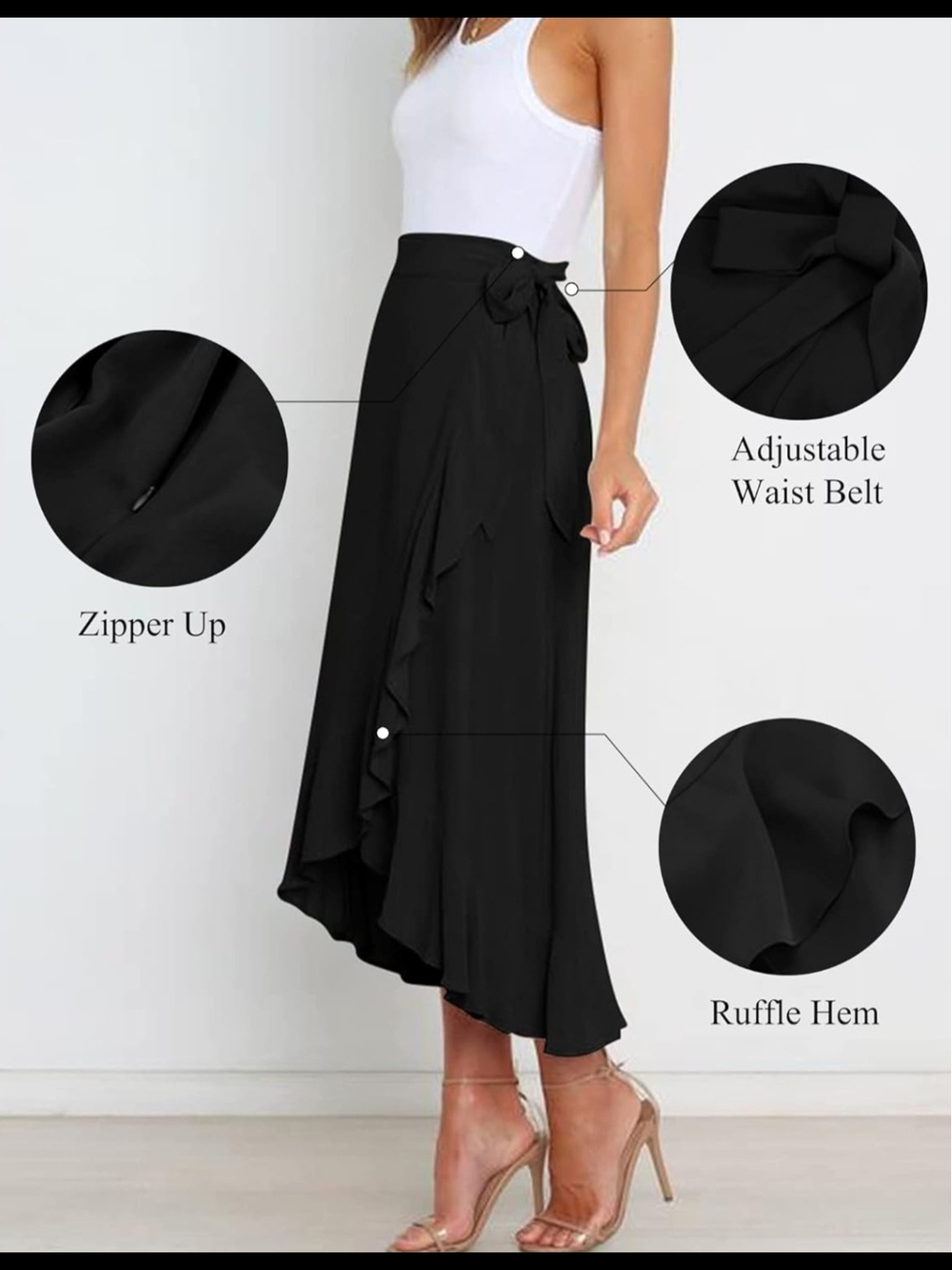 Black High-Low Ruffle Wrap Skirt - Picture 2 of 4